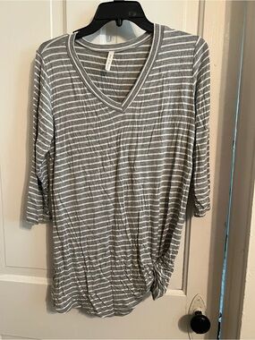 Gray and White Striped V-Neck Dolman Sleeve Top